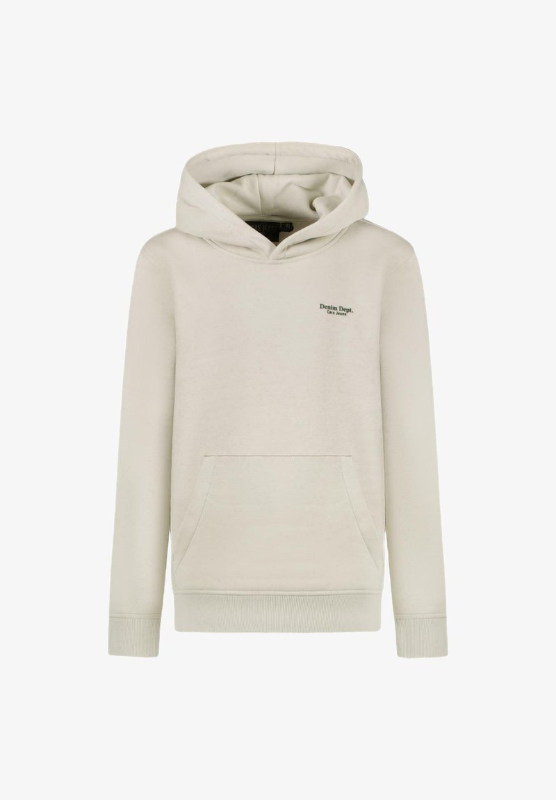 Sweat à capuche beige en tissu doux, doté d'une poche avant, d'une capuche avec cordon de serrage et d'un petit logo vert sur la poitrine gauche.