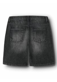 Melnas džinsa šorti redzami no aizmugures, ar divām kabatām un jostas cilpām jostasvietā.