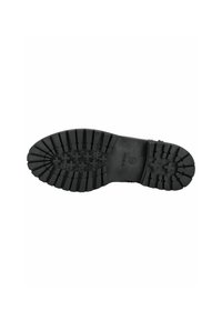 Suela de zapato de goma negra con una superficie texturizada, que presenta un patrón de banda de rodadura multidireccional para agarre y estabilidad. Incluye un logo de marca.