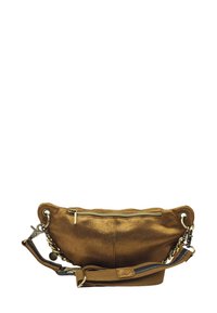 Sac en cuir métallisé marron avec une forme arrondie, doté d'une fermeture éclair supérieure, d'accents en chaîne et d'une bandoulière en tissu amovible.