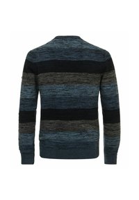 Strickpullover mit horizontalen Streifen in Dunkelblau, Hellblau, Grau und Schwarz. Rundhalsausschnitt und gerippte Bündchen.