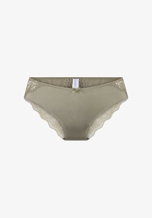 Khačasti pamučni gaćice s čipkastim rubom, s mašnom na prednjoj strani i glatkom teksturom. Stražnja strana ima detalje od čipke sa valovitim rubom.