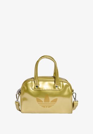 Gold metallic handbag with dual top handles, zip closure, and detachable shoulder strap. Features embossed logo on front and smooth texture.