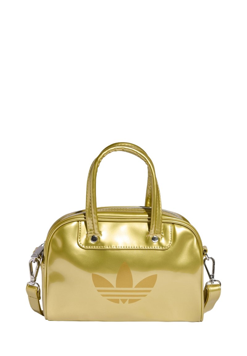 Gold metallic handbag with dual top handles, zip closure, and detachable shoulder strap. Features embossed logo on front and smooth texture.