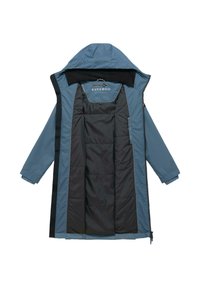 Manteau d'hiver à capuche bleu et noir avec doublure intérieure matelassée noire, manches longues, poignets élastiques et fermeture éclair, étalé à plat ouvert.