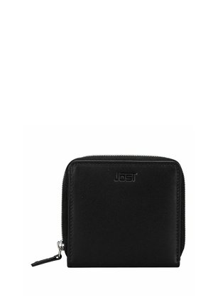 Portafoglio nero in pelle con cerniera a giro, logo "Jost" impresso sul davanti e cursore della cerniera in argento.