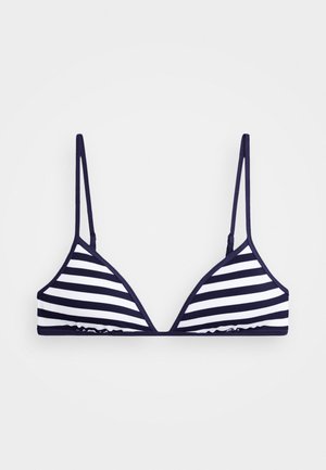 Haut de bikini rayé bleu marine et blanc avec des bonnets triangulaires, des bretelles fines ajustables, et une texture lisse. Aucun matériel ni embellissement visible.