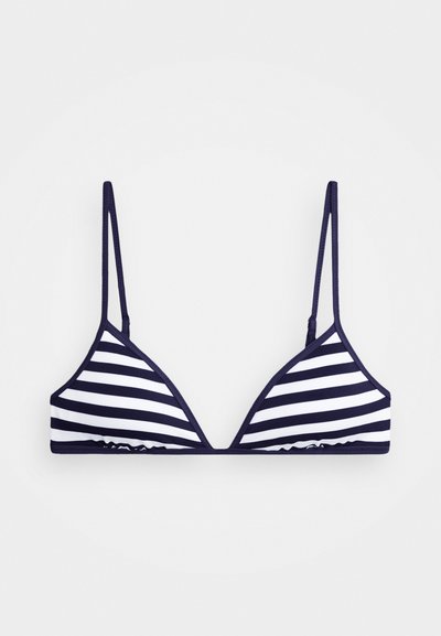 Μπικίνι τοπ με ναυτικό και λευκές ρίγες, με τριγωνικά cups, ρυθμιζόμενους λεπτούς ιμάντες και λείο υφή. Δεν υπάρχουν ορατά αξεσουάρ ή διακοσμητικά.