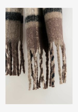 Villane sall, mis on valmistatud pruunide ja beežide värvide segust ning millel on kontrollitud muster. Pitsilised servad lisavad tekstuuri ja detaile. Pehme ja soe välimus.