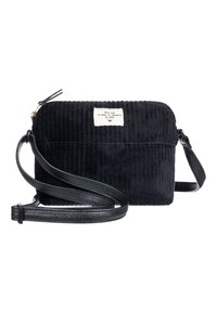 Czarna torba z sztruksu o prostokątnym kształcie, z skórzanym paskiem i małą metką materiałową z przodu. Zamek błyskawiczny na górze.