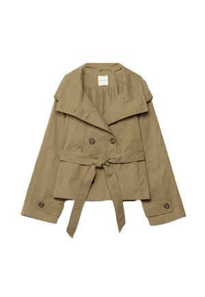 Kaki krátky trenčkot so širokým golierom, dvojradovými gombíkmi, opaskom na zaväzovanie v páse a manžetami na gombíky.