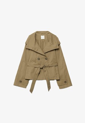 Khaki korte trenchcoat met brede kraag, dubbele rij knopen, tailleceintuur en knoopmanchetten.