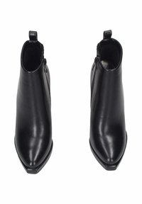 Stivaletti neri in pelle con punta affusolata, chiusura con zip laterale e una linguetta sul retro. Texture liscia e design elegante.