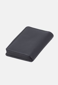 Black leather wallet with a smooth texture, rectangular shape, and a zippered closure. Edges are rounded, and the design is compact.