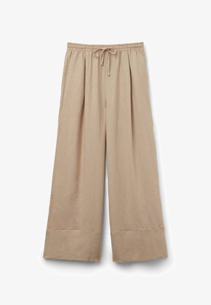 Béžové kalhoty s širokými nohavicemi vyrobené z lehkého materiálu. Obsahují elastický pas s tkaničkou a rovné lemy.