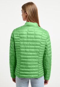Grüne Steppjacke mit strukturiertem Design, gestepptem Muster, hohem Kragen und Ellenbogenflicken. Leichtes Material, am Rücken geöffnet.