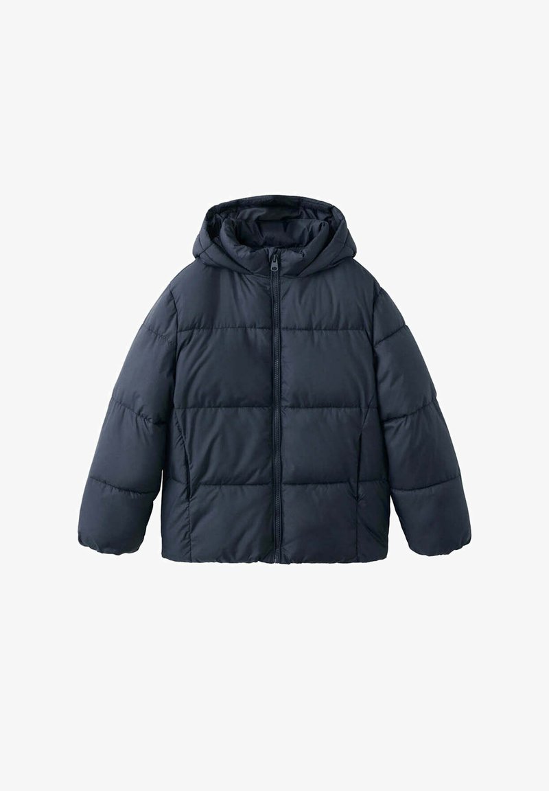 Veste d’hiver matelassée bleu marine avec capuche, manches longues et fermeture éclair à l’avant, présentée sur un fond blanc uni.