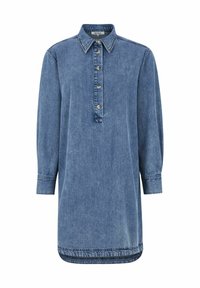 Rochie din denim de culoare albastră deschisă, cu guler, nasturi pe clapetă și mâneci lungi cu manșete cu nasturi. Textură moale.