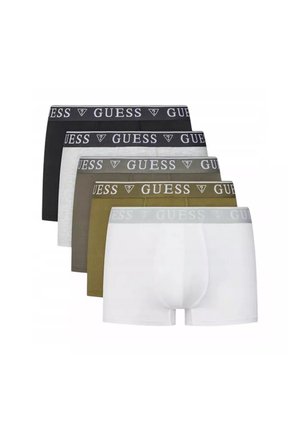 Ensemble de cinq paires de boxers en noir, gris, olive, gris clair et blanc. Chacun présente une taille élastique de marque.