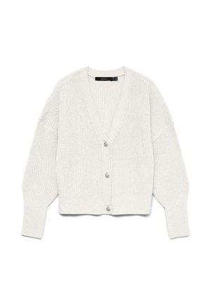 Witte gebreide V-halsvest met lange mouwen en drie knopen aan de voorkant, plat uitgestald op een witte achtergrond.