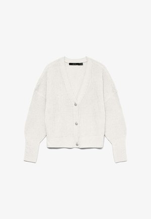 Witte gebreide V-halsvest met lange mouwen en drie knopen aan de voorkant, plat uitgestald op een witte achtergrond.