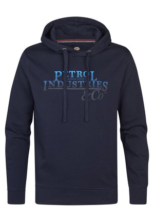 Navyblaue Kapuzenjacke aus Baumwolle mit einer vorderen Kängurutasche, Kapuze mit Kordelzug und grafischem Text "PETROL INDUSTRIES & Co" in Blau und Grau.