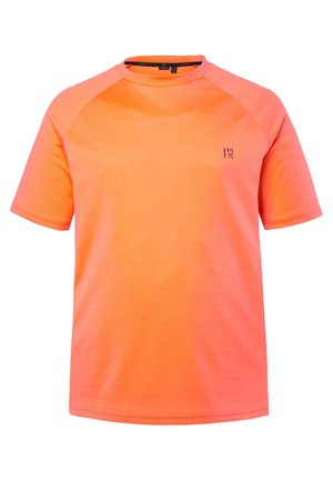 T-shirt orange vif à manches courtes avec col rond, petit logo noir sur le côté gauche de la poitrine et manches raglan.