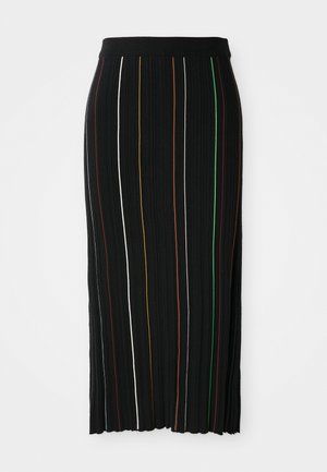 Jupe plissée noire avec des rayures verticales jaune, orange, rouge, vert et blanche. Présente une taille ajustée et un ourlet légèrement irrégulier.