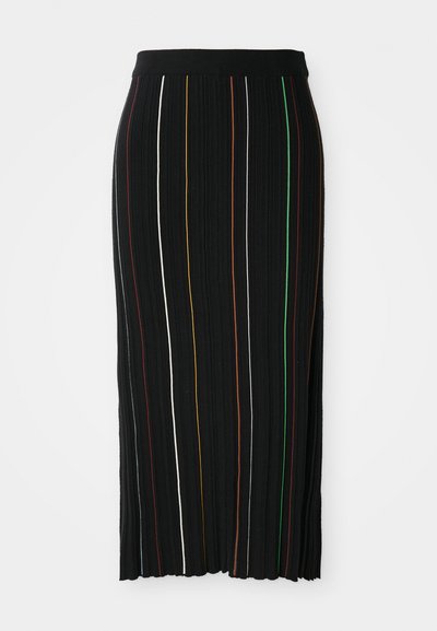 Jupe plissée noire avec des rayures verticales jaune, orange, rouge, vert et blanche. Présente une taille ajustée et un ourlet légèrement irrégulier.