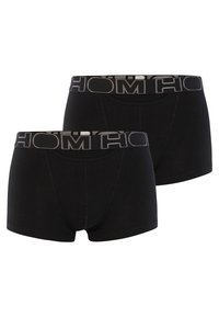 Černé boxerky pro muže vyrobené z hladkého materiálu, s širokým páskem, na němž je kontrastním šedým písmem uvedeno jméno značky.