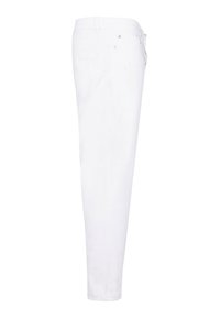 Pantalones de algodón blancos con un diseño de pierna recta. Presentan bolsillos delanteros y traseros, detalles de costura sutiles y acentos metálicos.