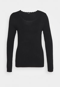 Svart långtärmad topp i mjukt material, med en vågig halsringning och en åtsittande design, med en jämn textur och inga synliga mönster.