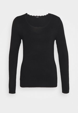 Maglietta nera a maniche lunghe realizzata in un tessuto morbido, con scollatura ondulata e design aderente, caratterizzata da una superficie liscia e priva di motivi visibili.
