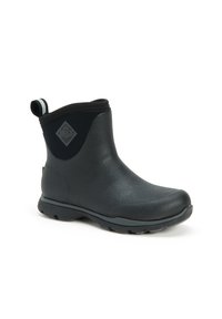 Short black waterproof ankle boot with a smooth rubber texture, raised heel, and a pull tab. Features a diamond logo on the side.