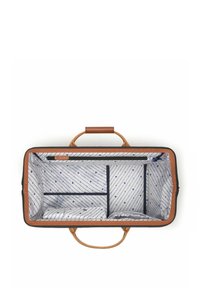 Schwarze Reisetasche mit braunen Ledergriffen, ausgestattet mit einem blau-weiß gestreiften Innenraum, einem Reißverschlussfach und mehreren Fächern zur Organisation.