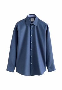 Camicia azzurra con bottoni realizzata in tessuto testurizzato. Presenta un colletto classico, maniche lunghe e bottoni bianchi lungo la pattina frontale.
