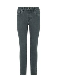 Úzké džíny z tmavě šedého denimu. Mají těsný střih, klasický design s pěti kapsami a zapínání na zip s jedním knoflíkem.