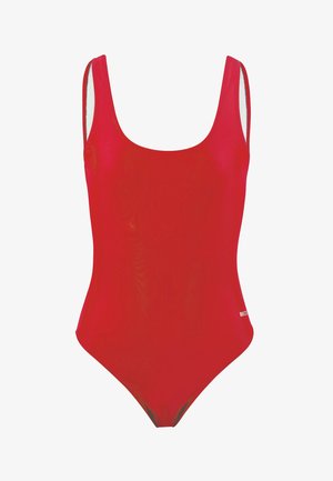 Roter Badeanzug mit weitem Ausschnitt und breiten Trägern. Glatte, glänzende Textur mit minimalen Nähten und ohne Muster.