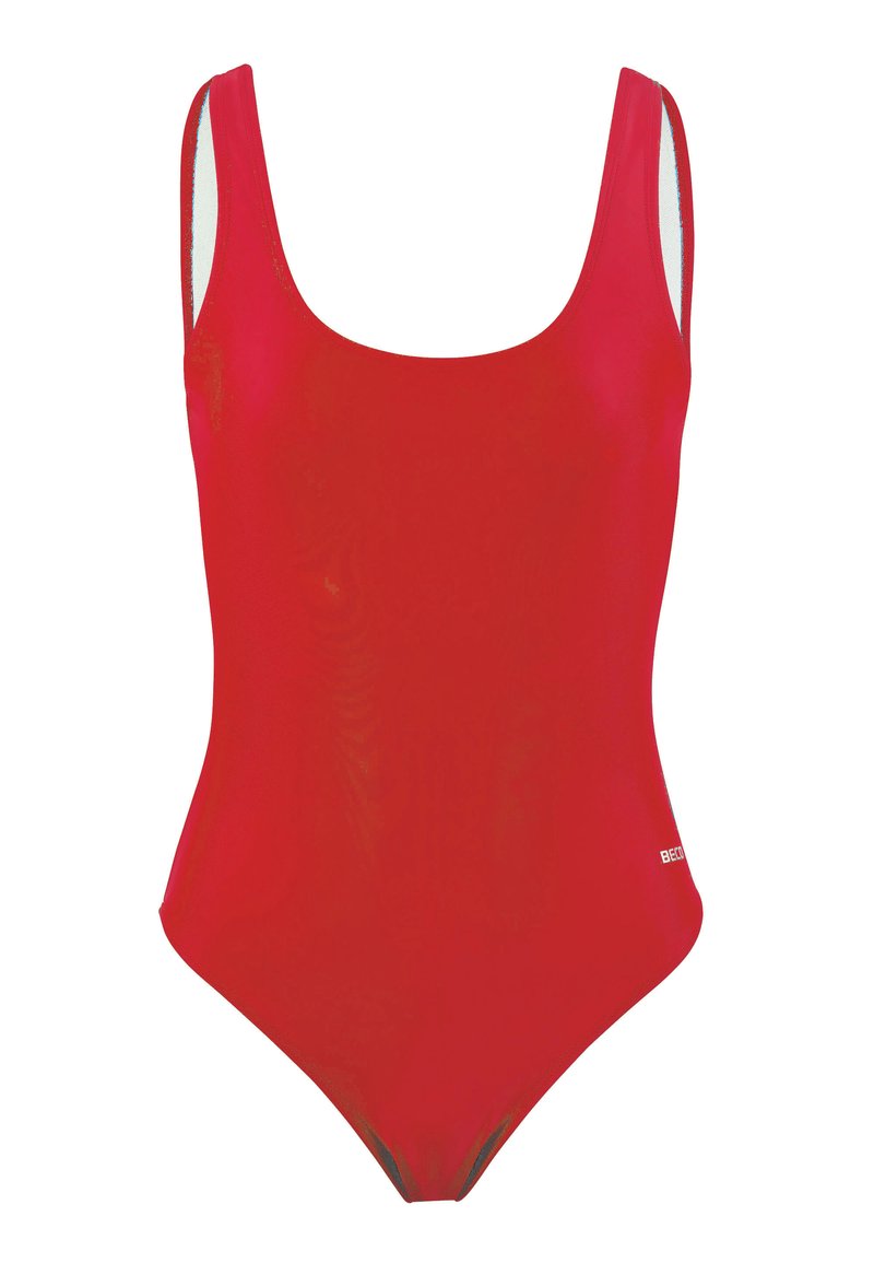 Roter Badeanzug mit weitem Ausschnitt und breiten Trägern. Glatte, glänzende Textur mit minimalen Nähten und ohne Muster.