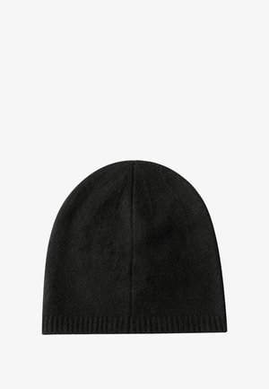 Bonnet noir en matériau doux, avec un design simple, un ajustement serré et un ourlet côtelé. Aucun motif ni accent visible.