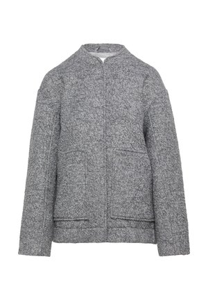Grijze, gestructureerde jas met een kraag, voorzakken en een relaxte pasvorm. Gemaakt van een zachte stof met een licht pluizige oppervlakte.