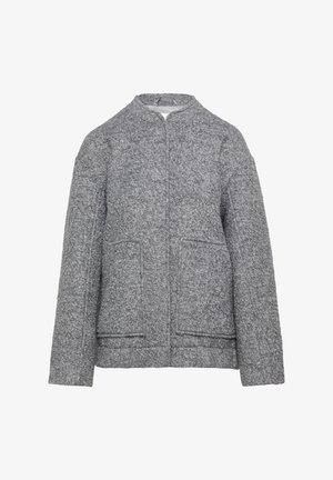 Grijze, gestructureerde jas met een kraag, voorzakken en een relaxte pasvorm. Gemaakt van een zachte stof met een licht pluizige oppervlakte.