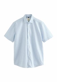 Camicia a maniche corte con bottoni, a righe azzurro chiaro e bianche, con collo classico e tessuto dalla texture liscia.