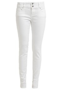 Bílé skinny džíny z denimu s hladkou texturou, které mají dvě přední kapsy, dvě zadní kapsy a dvojité zapínání na knoflíky v pase.