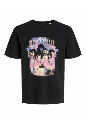 Crna pamučna majica s kolorističkim grafičkim otiskom i natpisom "MI SMO NERDOVI I NEOBIČNI!" te ilustracijama više likova.