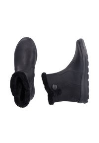 Bottines en cuir noir avec une bordure en fausse fourrure en haut, bout rond et semelle en caoutchouc texturé ; elles disposent d'une languette de tirage et d'un bouton décoratif.