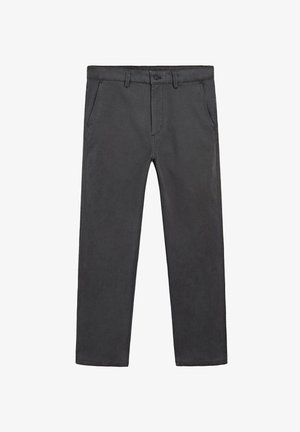 Graue Baumwoll-Chinos mit schmaler Passform, versehen mit einem klassischen Knopfverschluss, Vordertaschen und abgesteppten Details an den Nähten.