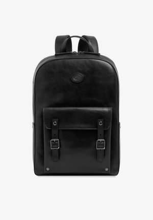 Black leather backpack with front buckle pocket, rounded top, dual shoulder straps, and small embossed logo above pocket.