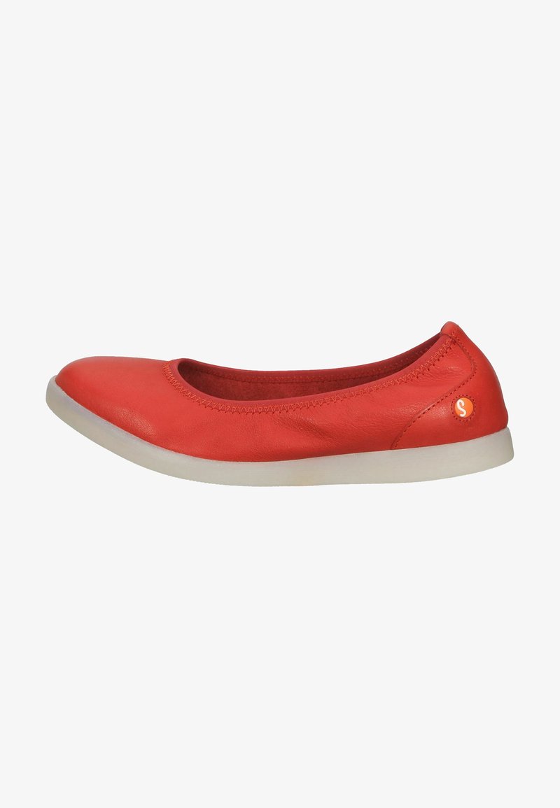Red leather ballet flats with a round toe, stitched detailing, and a white rubber sole. Features a small logo accent on the heel.