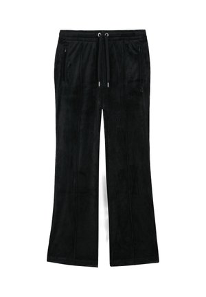 Zwarte, zachte materiaalbroeken met een relaxte pasvorm, voorzien van twee met rits afgesloten zijzakken, een elastische tailleband en trekkoorddetail.